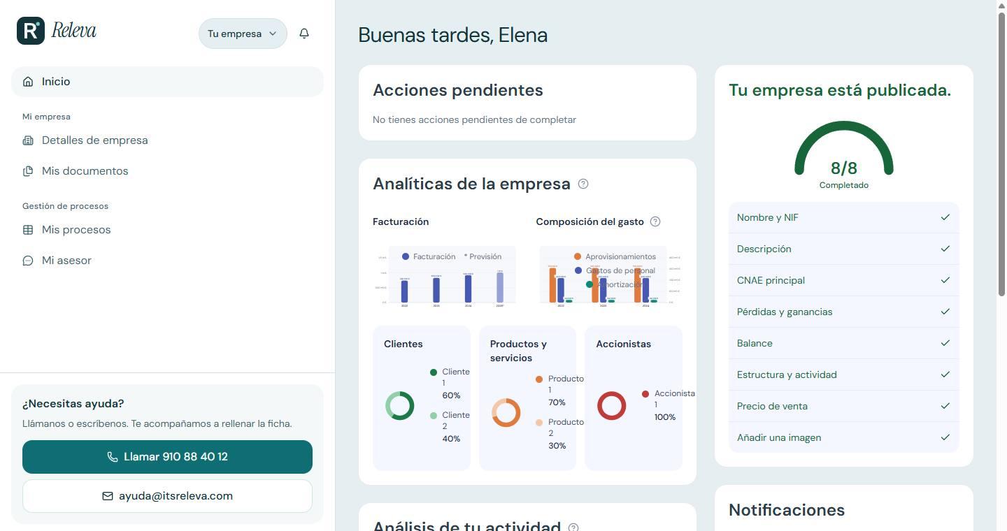 Inicio del vendedor en Releva, con facturación, gasto y el estado de la ficha