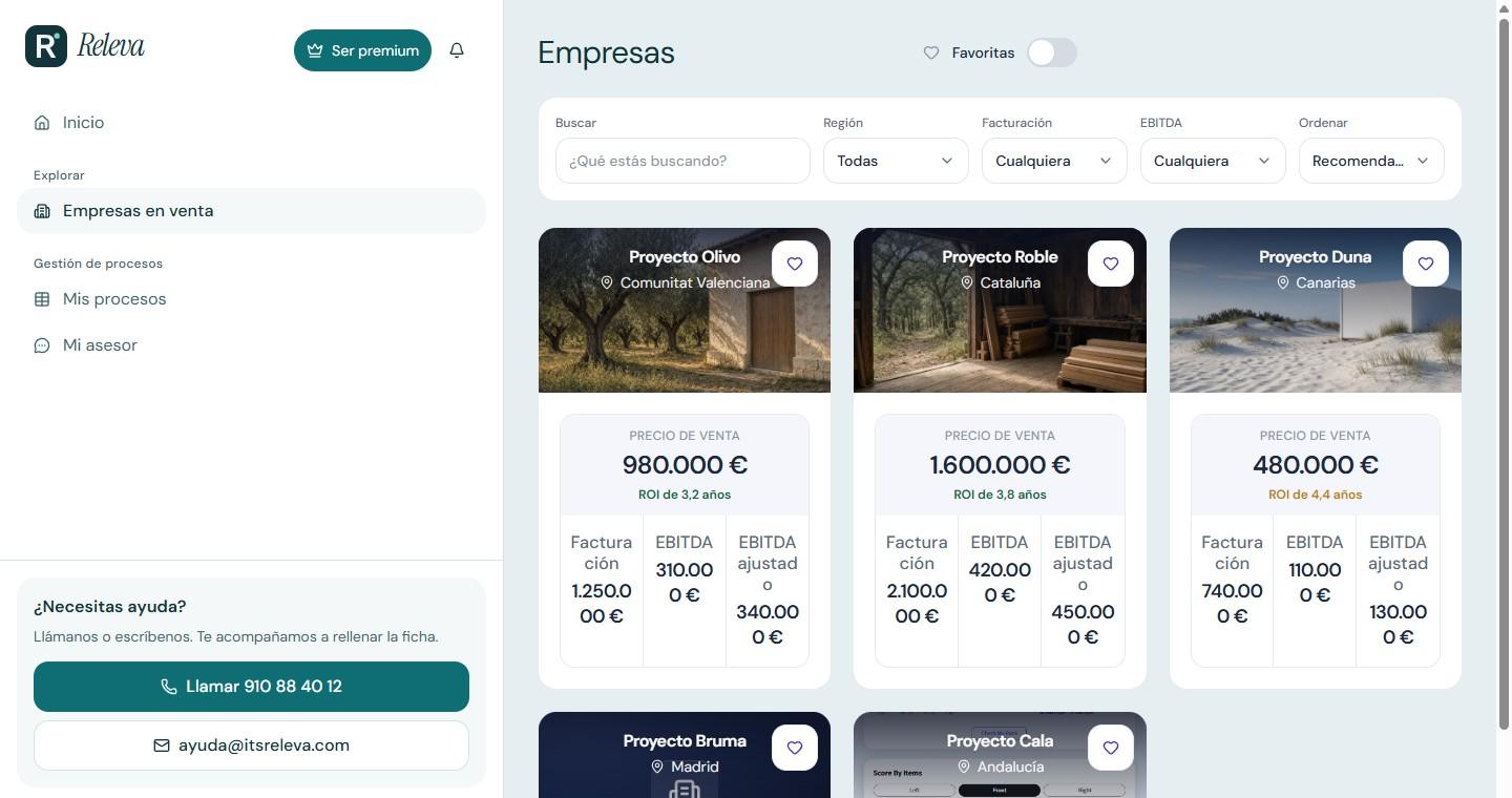 Empresas en venta en Releva, con filtros y fichas de proyecto